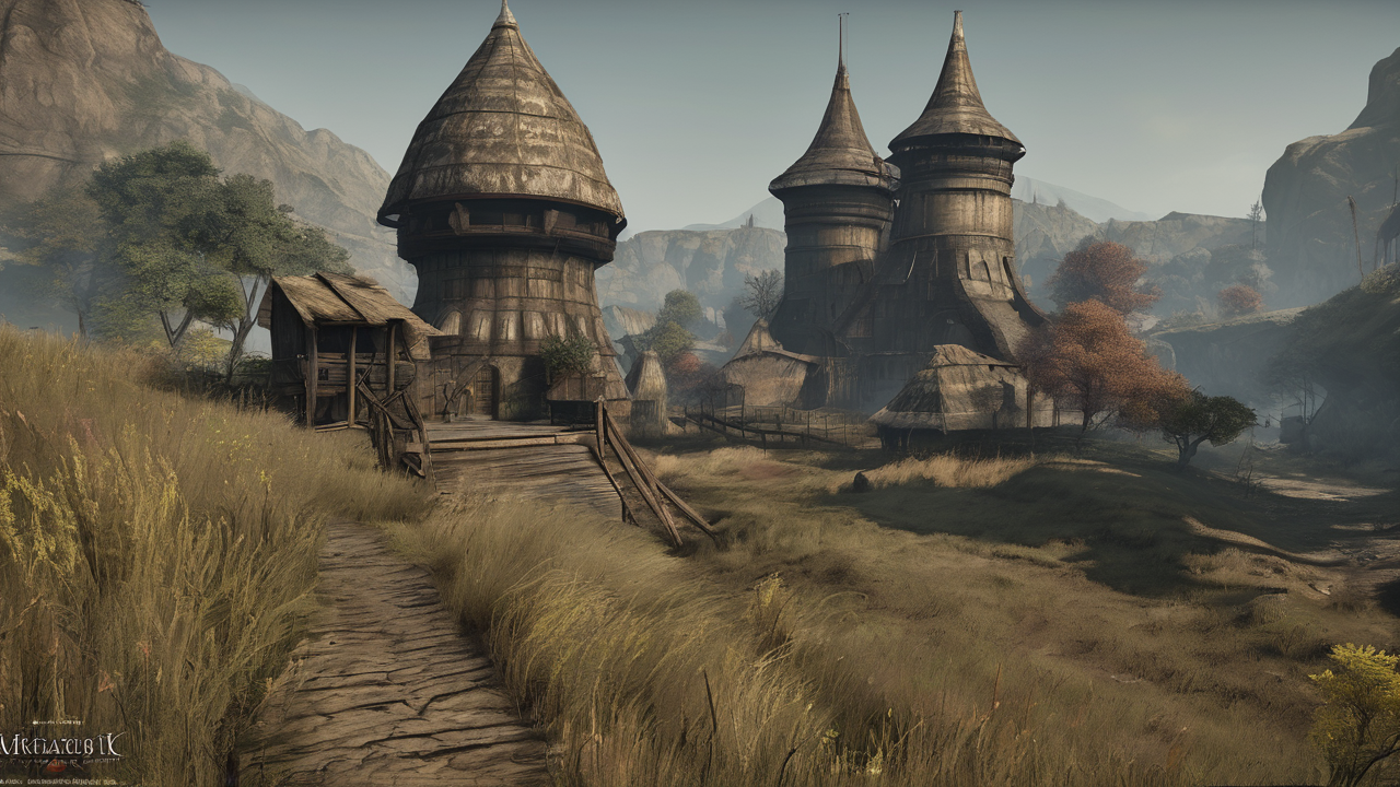 Charakterystyczny krajobraz Morrowind z gigantycznymi grzybami i wulkanicznymi terenami w mistycznej atmosferze