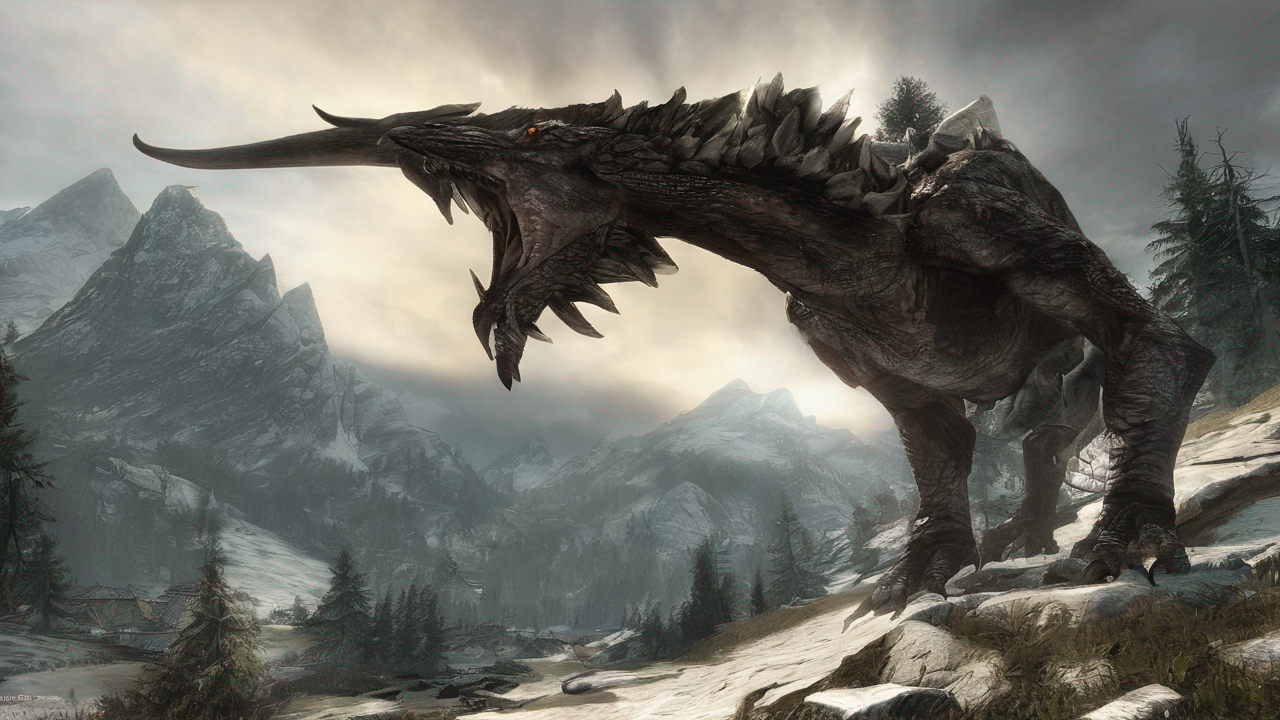 Dramatyczna scena z gry Skyrim przedstawiająca Dovahkiina walczącego ze smokiem na tle gór