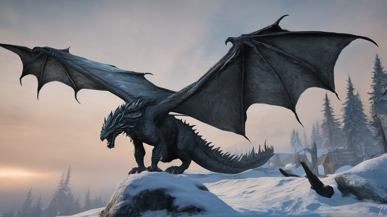 Dramatyczny widok na ośnieżone góry Skyrim z dragonem lecącym nad krajobrazem lemon casino