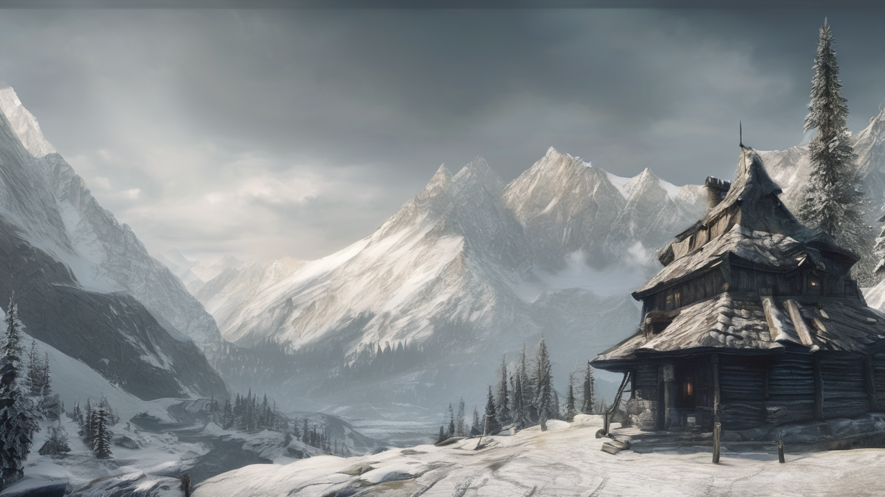 Epicka panorama Skyrim z górami pokrytymi śniegiem, zamkiem na szczycie i dramatycznym niebem z północnymi światłami