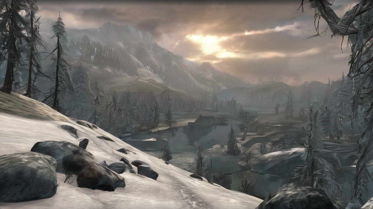 Epicki krajobraz z gry The Elder Scrolls V: Skyrim z górami pokrytymi śniegiem i dramatycznym niebem