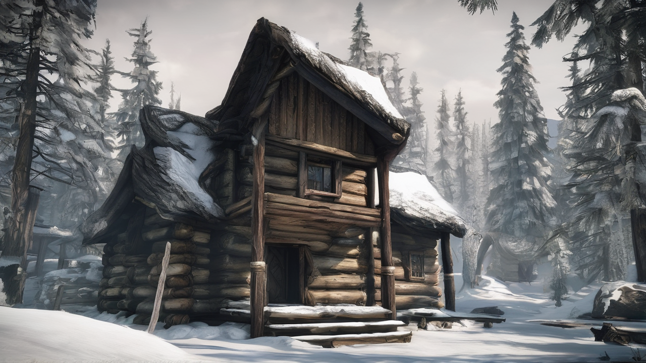 Epicki krajobraz Skyrim pokryty śniegiem z górami i lasami w oddali, dramatyczne niebo z zorzą polarną