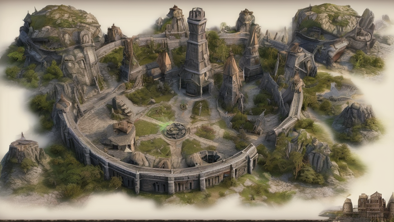 Epicki widok na fantastyczną krainę z różnorodnymi biomami i architekturą z uniwersum Elder Scrolls