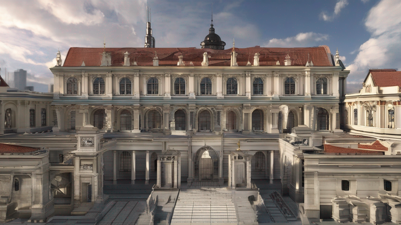 Imperialne Miasto w Oblivion z białą wieżą i otaczającym je jeziorem w ciepłym świetle zachodzącego słońca