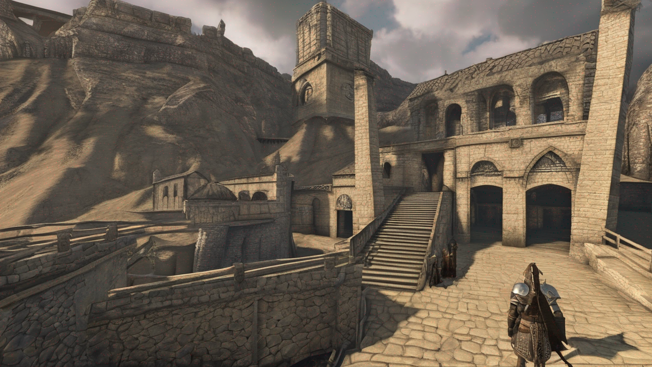 Klasyczna scena z The Elder Scrolls: Arena pokazująca korytarz lochu w perspektywie pierwszej osoby w stylu retro