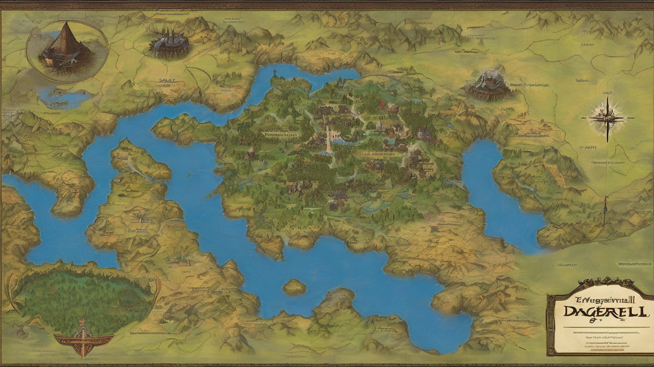 Mapa świata Daggerfall przedstawiająca prowincje Wysokiej Skały i Hammerfell z zaznaczonymi głównymi miastami i punktami orientacyjnymi