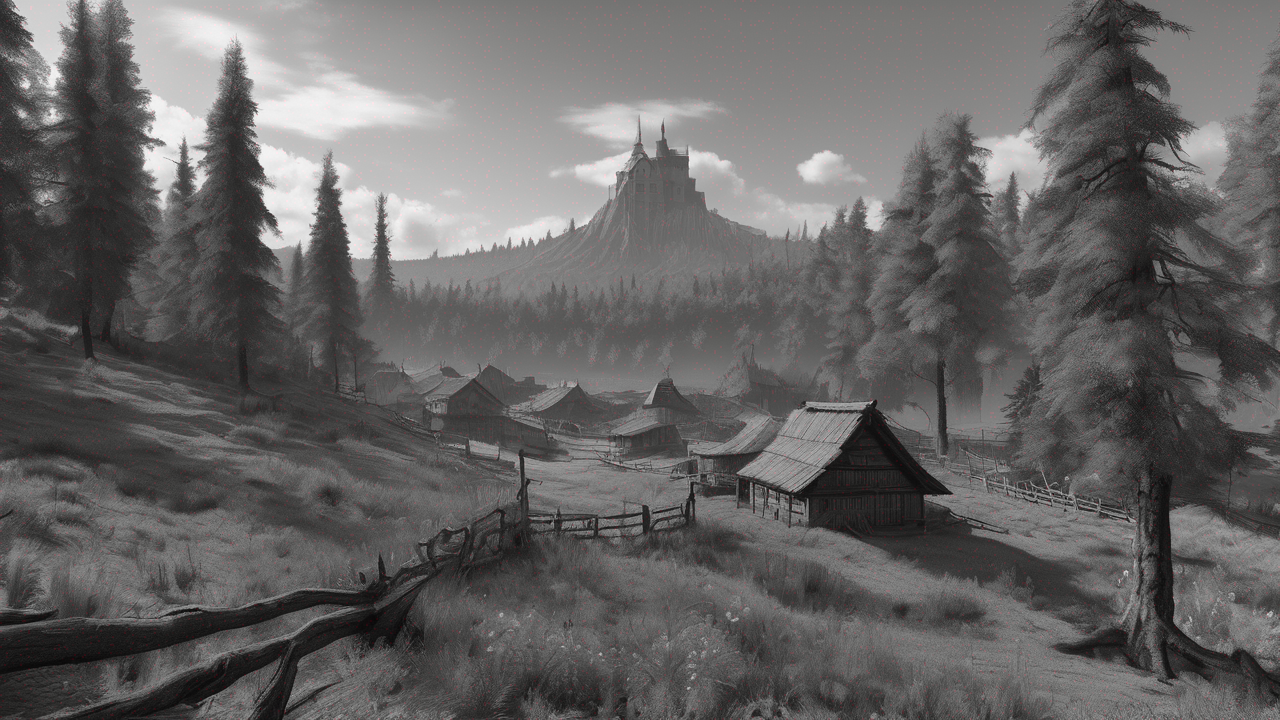 Mroczna panorama świata Daggerfall z zamkiem na wzgórzu i burzowym niebem w stylu retro gry z lat 90-tych
