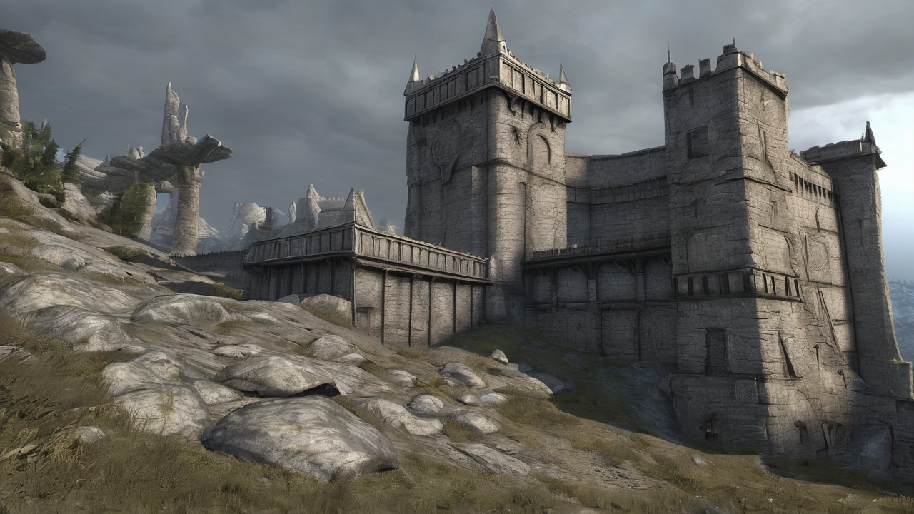 Mroczne lochy z pochodniami oświetlającymi starożytne ruiny w stylu retro gry The Elder Scrolls: Arena