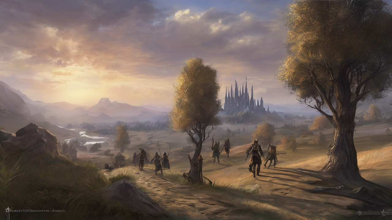 Okładka gry The Elder Scrolls Online przedstawiająca grupę bohaterów różnych ras walczących z potworami