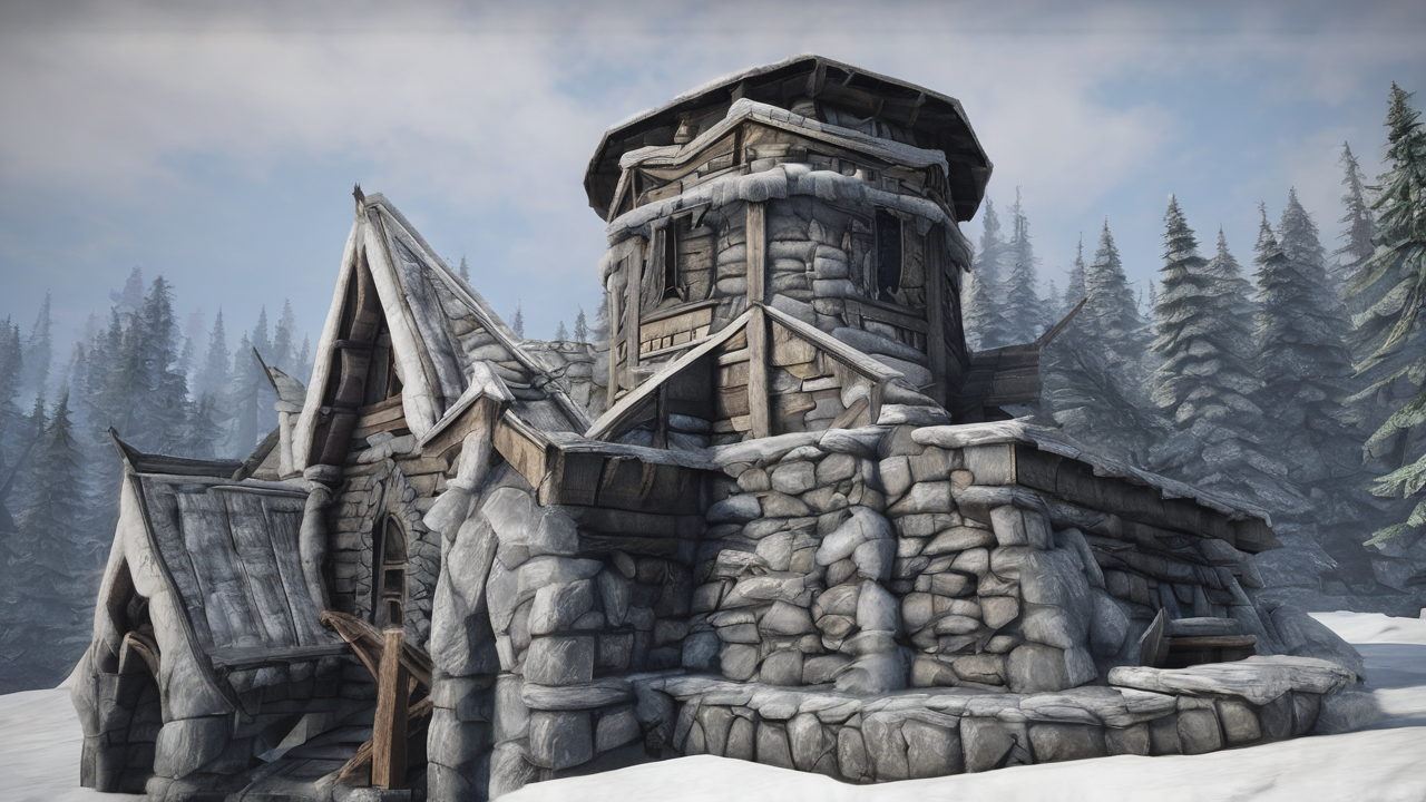 Ośnieżone góry i nordycka architektura prowincji Skyrim z lecącym smokiem na niebie