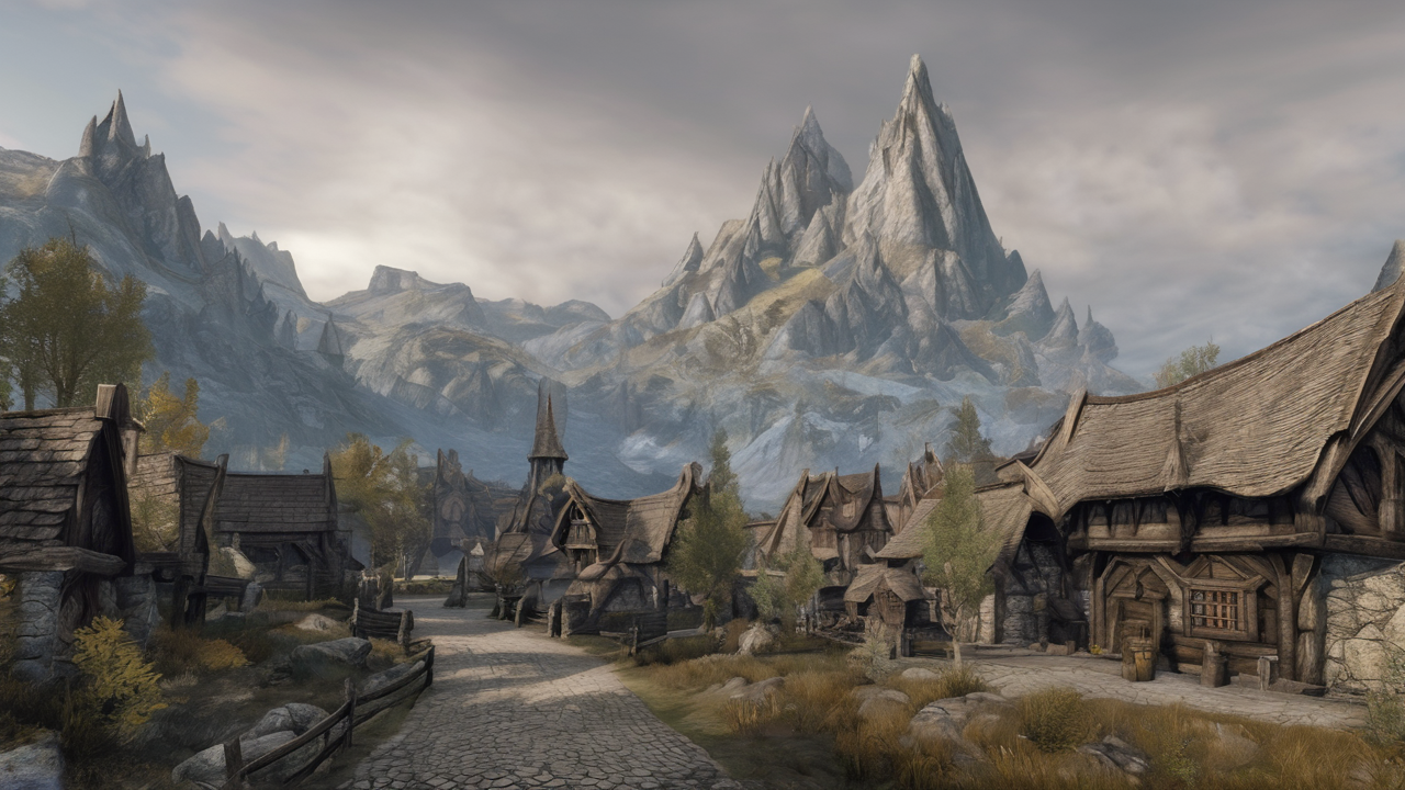 Panorama miasta Whiterun z majestatycznym pałacem Dragonsreach górującym nad drewnianymi zabudowaniami