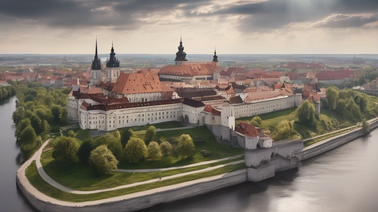 Panoramiczny widok na Cyrodiil z zamkiem Imperial City w oddali, dramatyczne niebo z zachodzącym słońcem