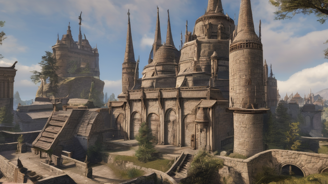 Panoramiczny widok na różnorodne krainy Tamriel w The Elder Scrolls Online z charakterystycznymi elementami architektury różnych ras
