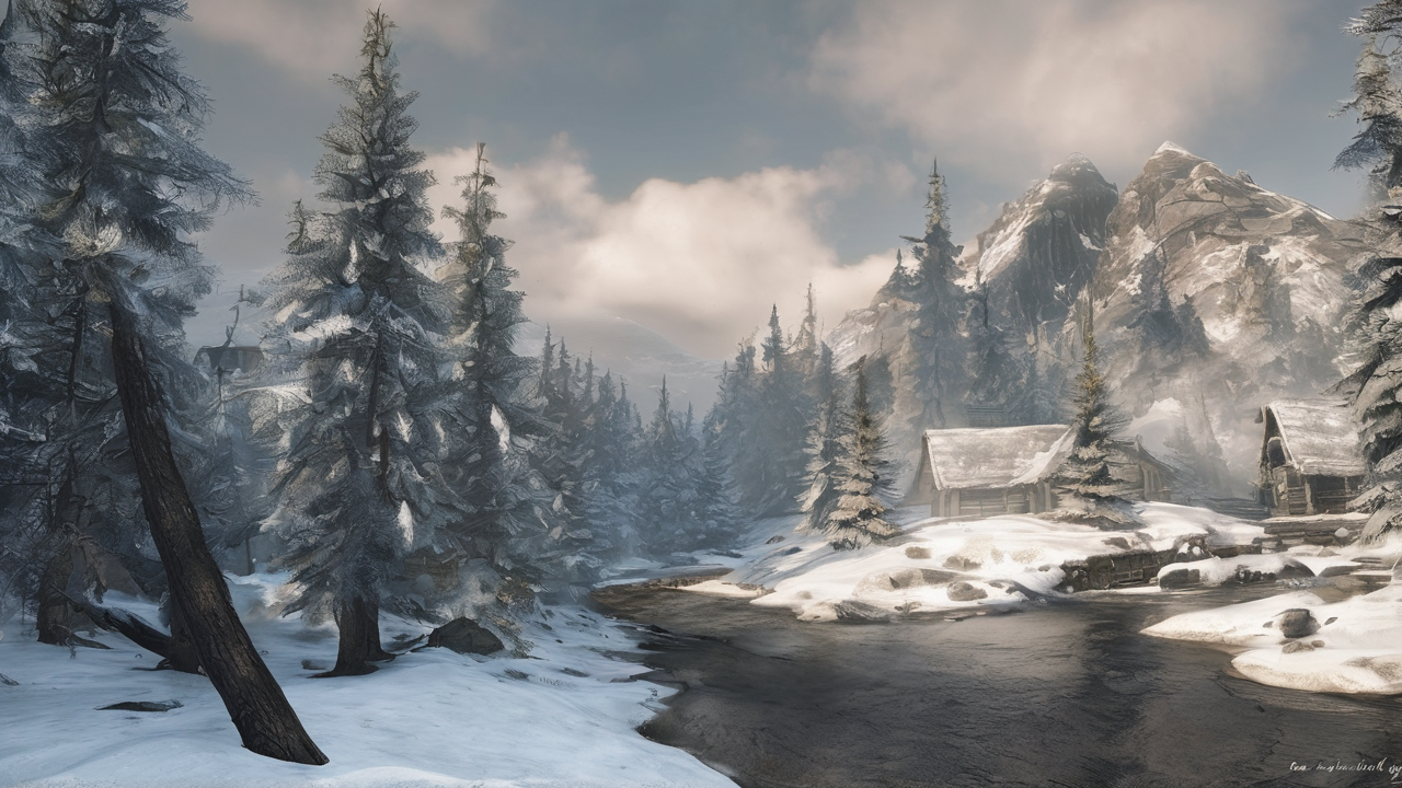 Panoramiczny widok na świat Skyrim z ośnieżonymi górami, starożytnymi ruinami i małą wioską w dolinie