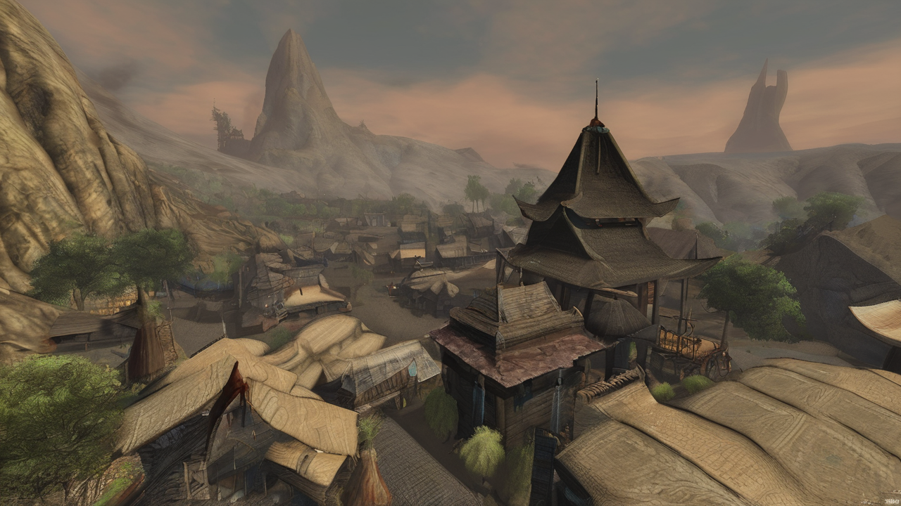 Postać gracza w charakterystycznej zbroi z Morrowind stojąca na tle miasta Vivec