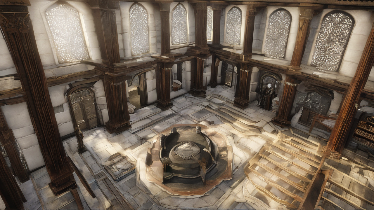 Starożytna biblioteka zwojów ze świata Elder Scrolls z pergaminami, księgami i magicznymi artefaktami