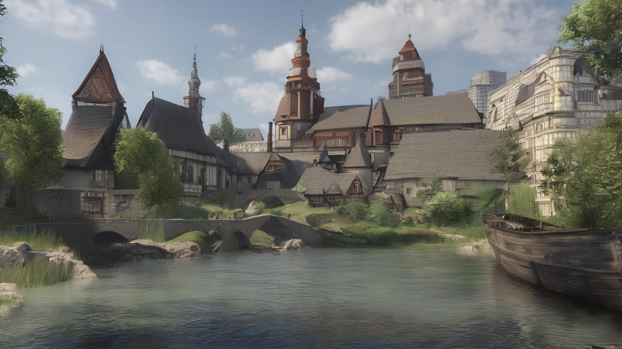 Widok na Cesarskie Miasto z Oblivion z charakterystyczną białą wieżą i zielonymi polami wokół