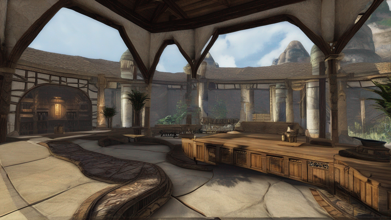 Zachód słońca nad miastem Vivec w Morrowind, pokazujący zaawansowane efekty świetlne i detale architektoniczne