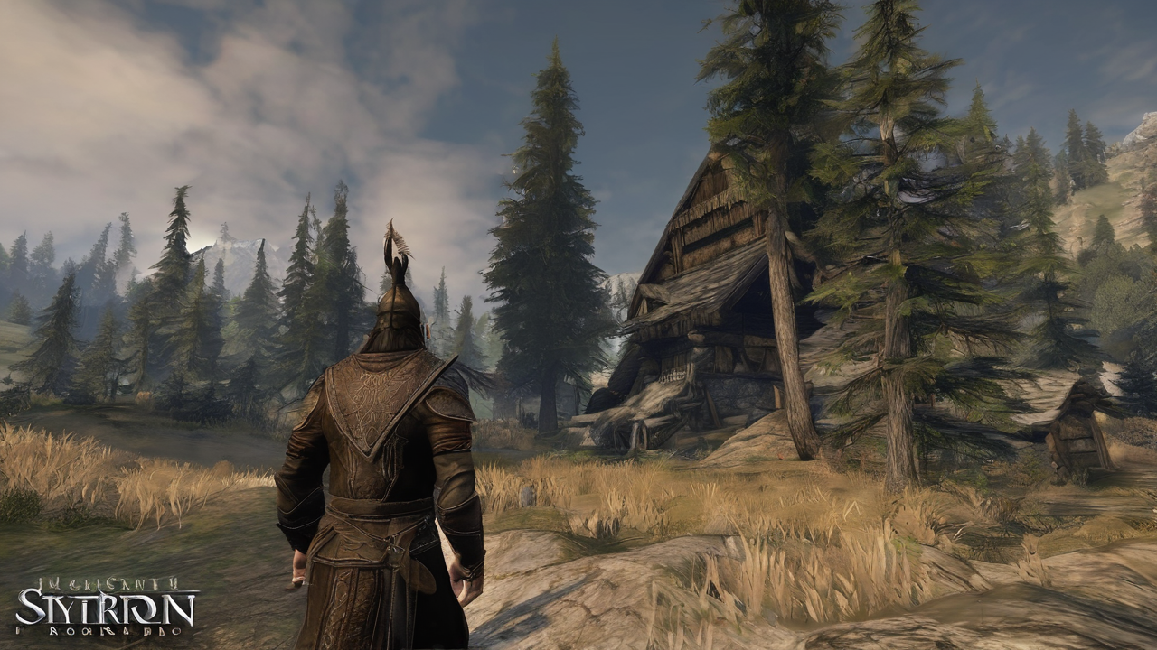 Zrzut ekranu z rozgrywki w Skyrim pokazujący walkę z potężnym smokiem w górskiej scenerii